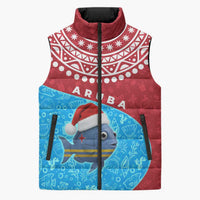 Aruba Christmas Sleeveless Puffer Jacket with Santa Fish Aruba Flag Ocean Icons and Red Blue Holiday Pattern Design - Wonder Print Shop