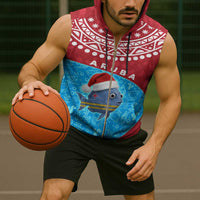 Aruba Christmas Sleeveless Zip Hoodie with Santa Fish Aruba Flag Ocean Icons and Red Blue Holiday Pattern Design - Wonder Print Shop