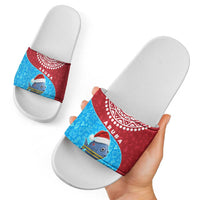 Aruba Christmas Slide Sandals with Santa Fish Aruba Flag Ocean Icons and Red Blue Holiday Pattern Design - Wonder Print Shop