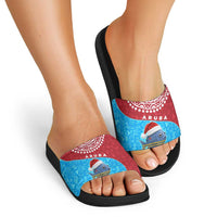 Aruba Christmas Slide Sandals with Santa Fish Aruba Flag Ocean Icons and Red Blue Holiday Pattern Design - Wonder Print Shop