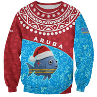 Aruba Christmas Sweatshirt with Santa Fish Aruba Flag Ocean Icons and Red Blue Holiday Pattern Design - Wonder Print Shop
