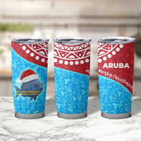 Aruba Christmas Tumbler Cup with Santa Fish Aruba Flag Ocean Icons and Red Blue Holiday Pattern Design - Wonder Print Shop