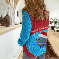 Aruba Christmas Women Casual Shirt with Santa Fish Aruba Flag Ocean Icons and Red Blue Holiday Pattern Design - Wonder Print Shop