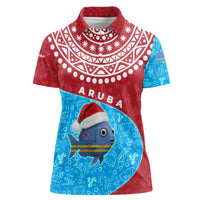 Aruba Christmas Women Polo Shirt with Santa Fish Aruba Flag Ocean Icons and Red Blue Holiday Pattern Design - Wonder Print Shop