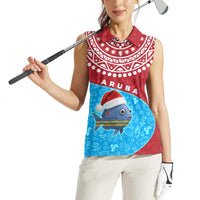 Aruba Christmas Women Sleeveless Polo Shirt with Santa Fish Aruba Flag Ocean Icons and Red Blue Holiday Pattern Design - Wonder Print Shop