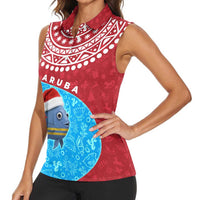 Aruba Christmas Women Sleeveless Polo Shirt with Santa Fish Aruba Flag Ocean Icons and Red Blue Holiday Pattern Design - Wonder Print Shop