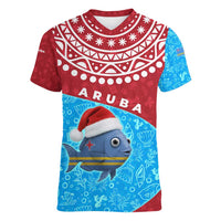 Aruba Christmas Women V-Neck T-Shirt with Santa Fish Aruba Flag Ocean Icons and Red Blue Holiday Pattern Design - Wonder Print Shop