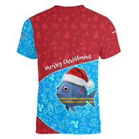 Aruba Christmas Women V-Neck T-Shirt with Santa Fish Aruba Flag Ocean Icons and Red Blue Holiday Pattern Design - Wonder Print Shop