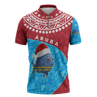Aruba Christmas Zipper Polo Shirt with Santa Fish Aruba Flag Ocean Icons and Red Blue Holiday Pattern Design - Wonder Print Shop