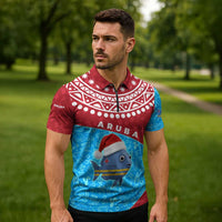 Aruba Christmas Zipper Polo Shirt with Santa Fish Aruba Flag Ocean Icons and Red Blue Holiday Pattern Design - Wonder Print Shop