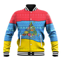 Aruba Christmas Baseball Jacket with Fish Christmas Tree Aruba Flag and Red Blue Yellow Tropical Pattern Design - Wonder Print Shop