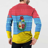 Aruba Christmas Button Sweatshirt with Fish Christmas Tree Aruba Flag and Red Blue Yellow Tropical Pattern Design - Wonder Print Shop