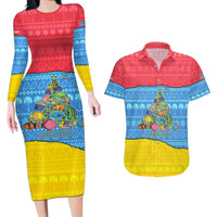 Aruba Christmas Couples Matching Long Sleeve Bodycon Dress and Hawaiian Shirt with Fish Christmas Tree Aruba Flag and Red Blue Yellow Tropical Pattern Design - Wonder Print Shop