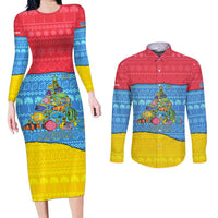 Aruba Christmas Couples Matching Long Sleeve Bodycon Dress and Long Sleeve Button Shirt with Fish Christmas Tree Aruba Flag and Red Blue Yellow Tropical Pattern Design - Wonder Print Shop