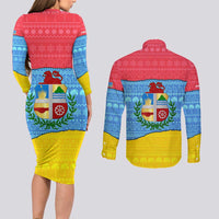 Aruba Christmas Couples Matching Long Sleeve Bodycon Dress and Long Sleeve Button Shirt with Fish Christmas Tree Aruba Flag and Red Blue Yellow Tropical Pattern Design - Wonder Print Shop