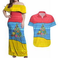 Aruba Christmas Couples Matching Off Shoulder Maxi Dress and Hawaiian Shirt with Fish Christmas Tree Aruba Flag and Red Blue Yellow Tropical Pattern Design - Wonder Print Shop