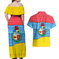 Aruba Christmas Couples Matching Off Shoulder Maxi Dress and Hawaiian Shirt with Fish Christmas Tree Aruba Flag and Red Blue Yellow Tropical Pattern Design - Wonder Print Shop