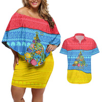 Aruba Christmas Couples Matching Off Shoulder Short Dress and Hawaiian Shirt with Fish Christmas Tree Aruba Flag and Red Blue Yellow Tropical Pattern Design - Wonder Print Shop