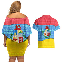 Aruba Christmas Couples Matching Off Shoulder Short Dress and Hawaiian Shirt with Fish Christmas Tree Aruba Flag and Red Blue Yellow Tropical Pattern Design - Wonder Print Shop