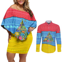 Aruba Christmas Couples Matching Off Shoulder Short Dress and Long Sleeve Button Shirt with Fish Christmas Tree Aruba Flag and Red Blue Yellow Tropical Pattern Design - Wonder Print Shop