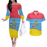 Aruba Christmas Couples Matching Off The Shoulder Long Sleeve Dress and Hawaiian Shirt with Fish Christmas Tree Aruba Flag and Red Blue Yellow Tropical Pattern Design - Wonder Print Shop