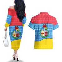 Aruba Christmas Couples Matching Off The Shoulder Long Sleeve Dress and Hawaiian Shirt with Fish Christmas Tree Aruba Flag and Red Blue Yellow Tropical Pattern Design - Wonder Print Shop