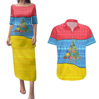Aruba Christmas Couples Matching Puletasi and Hawaiian Shirt with Fish Christmas Tree Aruba Flag and Red Blue Yellow Tropical Pattern Design - Wonder Print Shop