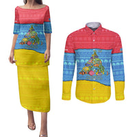 Aruba Christmas Couples Matching Puletasi and Long Sleeve Button Shirt with Fish Christmas Tree Aruba Flag and Red Blue Yellow Tropical Pattern Design - Wonder Print Shop