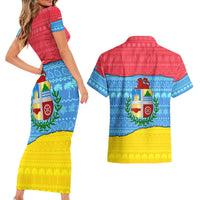 Aruba Christmas Couples Matching Short Sleeve Bodycon Dress and Hawaiian Shirt with Fish Christmas Tree Aruba Flag and Red Blue Yellow Tropical Pattern Design - Wonder Print Shop