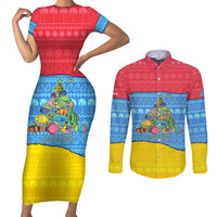 Aruba Christmas Couples Matching Short Sleeve Bodycon Dress and Long Sleeve Button Shirt with Fish Christmas Tree Aruba Flag and Red Blue Yellow Tropical Pattern Design - Wonder Print Shop