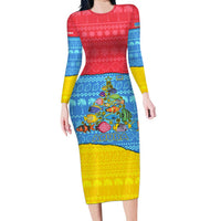 Aruba Christmas Family Matching Long Sleeve Bodycon Dress and Hawaiian Shirt with Fish Christmas Tree Aruba Flag and Red Blue Yellow Tropical Pattern Design - Wonder Print Shop