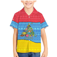 Aruba Christmas Family Matching Mermaid Dress and Hawaiian Shirt with Fish Christmas Tree Aruba Flag and Red Blue Yellow Tropical Pattern Design - Wonder Print Shop