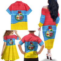 Aruba Christmas Family Matching Off The Shoulder Long Sleeve Dress and Hawaiian Shirt with Fish Christmas Tree Aruba Flag and Red Blue Yellow Tropical Pattern Design - Wonder Print Shop