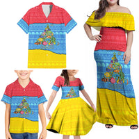 Aruba Christmas Family Matching Off Shoulder Maxi Dress and Hawaiian Shirt with Fish Christmas Tree Aruba Flag and Red Blue Yellow Tropical Pattern Design - Wonder Print Shop