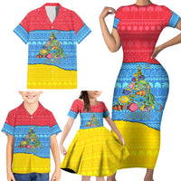 Aruba Christmas Family Matching Short Sleeve Bodycon Dress and Hawaiian Shirt with Fish Christmas Tree Aruba Flag and Red Blue Yellow Tropical Pattern Design - Wonder Print Shop