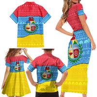 Aruba Christmas Family Matching Short Sleeve Bodycon Dress and Hawaiian Shirt with Fish Christmas Tree Aruba Flag and Red Blue Yellow Tropical Pattern Design - Wonder Print Shop