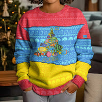 Aruba Christmas Kid Ugly Christmas Sweater with Fish Christmas Tree Aruba Flag and Red Blue Yellow Tropical Pattern Design - Wonder Print Shop