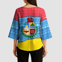 Aruba Christmas Kimono Sleeve Blouse with Fish Christmas Tree Aruba Flag and Red Blue Yellow Tropical Pattern Design - Wonder Print Shop