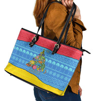 Aruba Christmas Leather Tote Bag with Fish Christmas Tree Aruba Flag and Red Blue Yellow Tropical Pattern Design - Wonder Print Shop