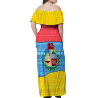 Aruba Christmas Off Shoulder Maxi Dress with Fish Christmas Tree Aruba Flag and Red Blue Yellow Tropical Pattern Design - Wonder Print Shop