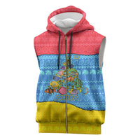 Aruba Christmas Sleeveless Zip Hoodie with Fish Christmas Tree Aruba Flag and Red Blue Yellow Tropical Pattern Design - Wonder Print Shop