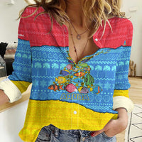 Aruba Christmas Women Casual Shirt with Fish Christmas Tree Aruba Flag and Red Blue Yellow Tropical Pattern Design - Wonder Print Shop