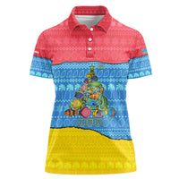 Aruba Christmas Women Polo Shirt with Fish Christmas Tree Aruba Flag and Red Blue Yellow Tropical Pattern Design - Wonder Print Shop
