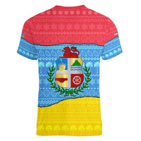 Aruba Christmas Women V-Neck T-Shirt with Fish Christmas Tree Aruba Flag and Red Blue Yellow Tropical Pattern Design - Wonder Print Shop