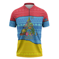 Aruba Christmas Zipper Polo Shirt with Fish Christmas Tree Aruba Flag and Red Blue Yellow Tropical Pattern Design - Wonder Print Shop