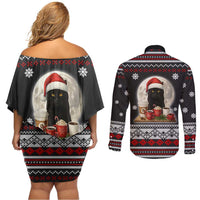 Black Cat Run On Coffee Couples Matching Off Shoulder Short Dress and Long Sleeve Button Shirt Xmas Holiday Patterns - Wonder Print Shop