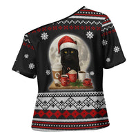 Black Cat Run On Coffee Cross Shoulder Shirt Xmas Holiday Patterns - Wonder Print Shop