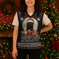 Black Cat Run On Coffee Christmas Knitted V-Neck Vest Xmas Holiday Patterns - Wonder Print Shop