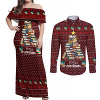Book Pine Merry Christmas Couples Matching Off Shoulder Maxi Dress and Long Sleeve Button Shirt Xmas Holiday Patterns - Wonder Print Shop