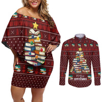Book Pine Merry Christmas Couples Matching Off Shoulder Short Dress and Long Sleeve Button Shirt Xmas Holiday Patterns - Wonder Print Shop